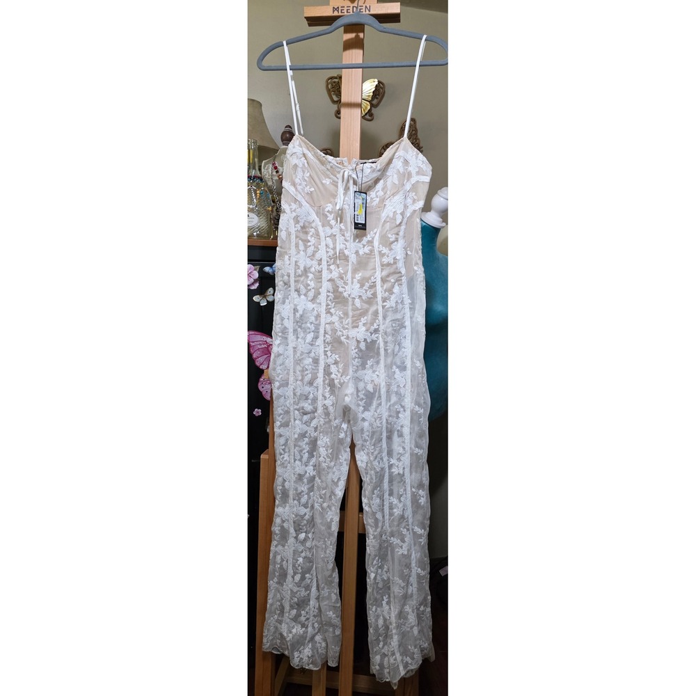 PrettyLittleThing White Lace Binding Detail Jumpsuit Wide Leg Nude Lining US 12